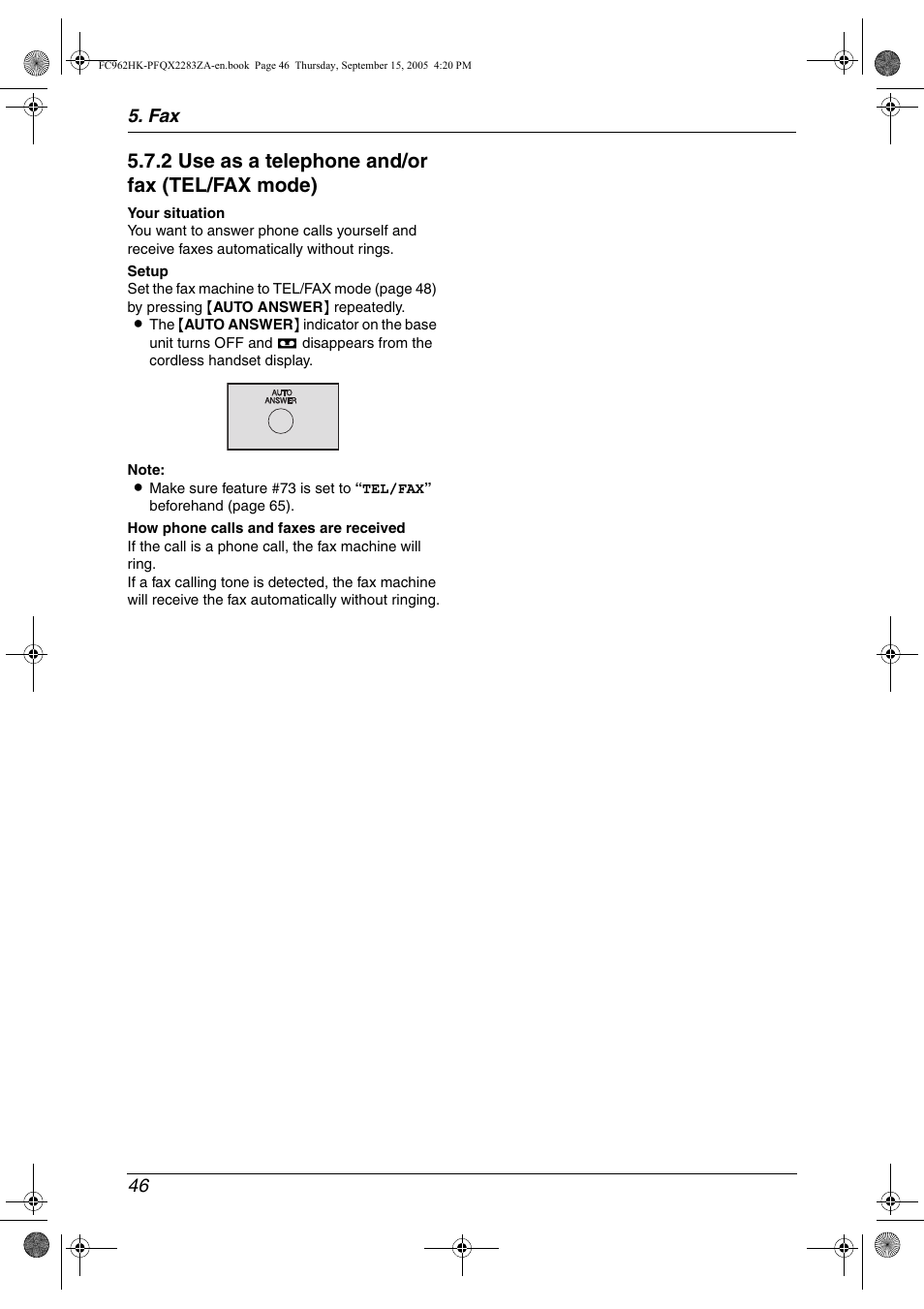 2 use as a telephone and/or fax (tel/fax mode) | Panasonic KX-FC962HK User Manual | Page 46 / 104