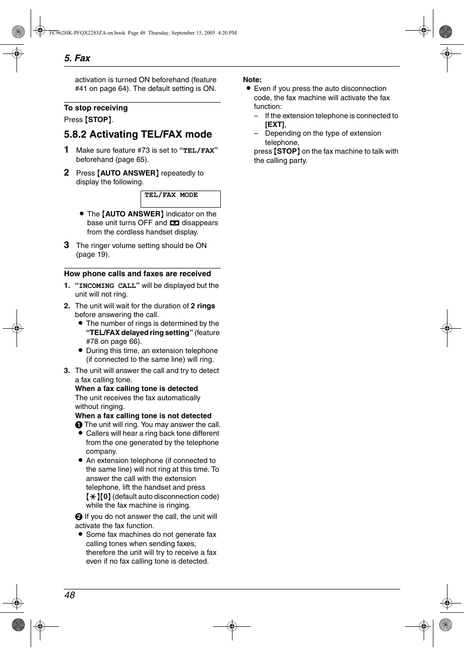 2 activating tel/fax mode, Fax 48 | Panasonic KX-FC962HK User Manual | Page 48 / 104