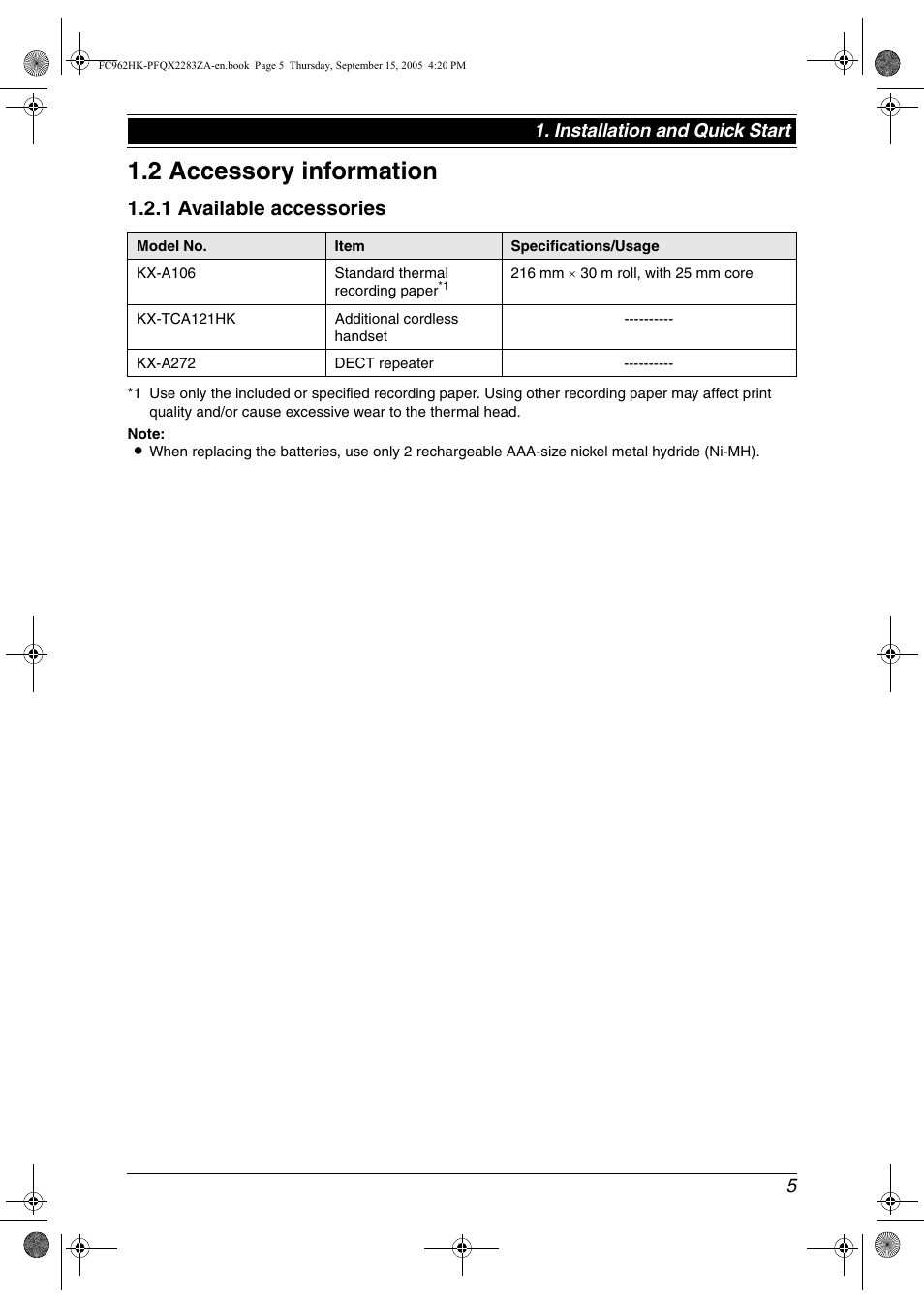 2 accessory information, Accessory information, 2 accessory information | 1 available accessories | Panasonic KX-FC962HK User Manual | Page 5 / 104