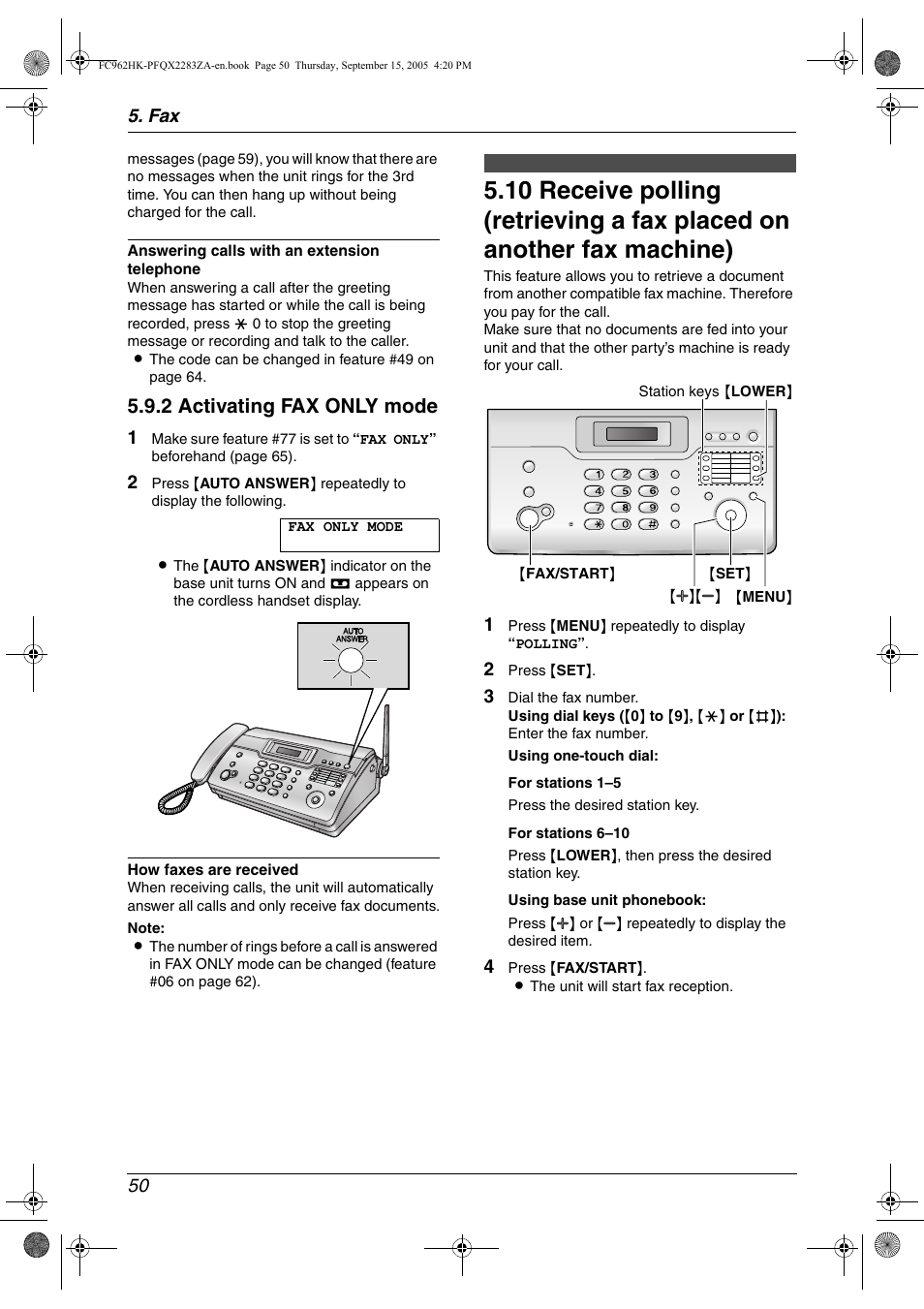 Receive polling (retrieving a fax placed, On another fax machine), 2 activating fax only mode | Panasonic KX-FC962HK User Manual | Page 50 / 104