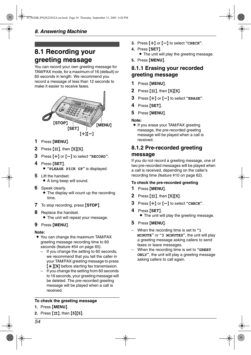 Answering machine, Greeting, 1 recording your greeting message | Recording your greeting message, 1 recording your greeting message, 1 erasing your recorded greeting message, 2 pre-recorded greeting message | Panasonic KX-FC962HK User Manual | Page 54 / 104