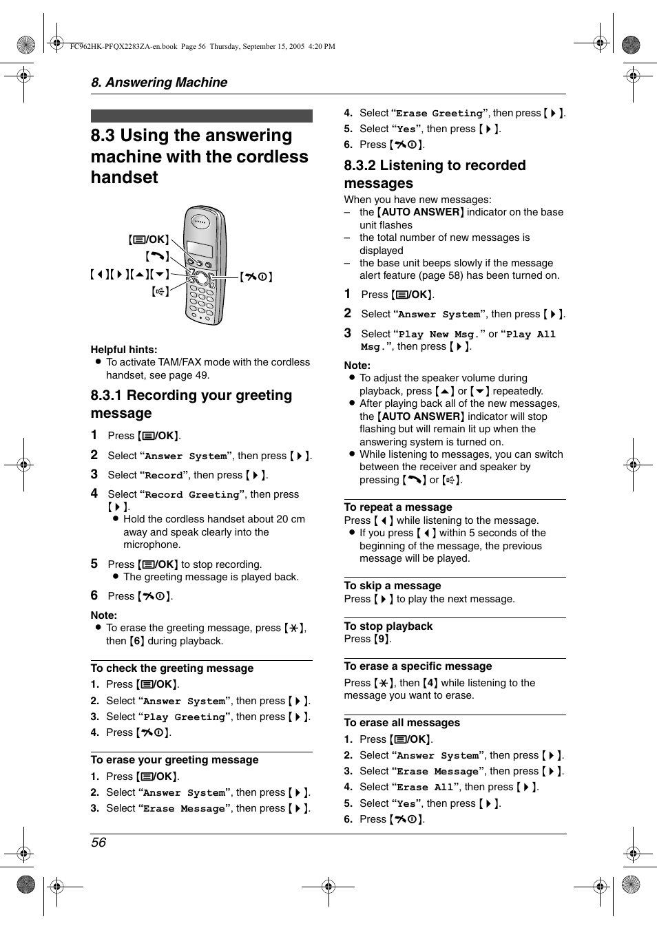 Remote operation, 1 recording your greeting message, 2 listening to recorded messages | Answering machine 56 | Panasonic KX-FC962HK User Manual | Page 56 / 104