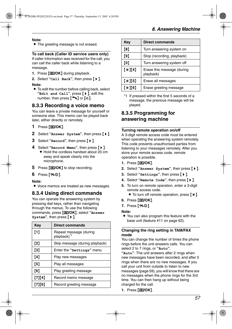 4 using direct commands, 5 programming for answering machine, Answering machine 57 | Panasonic KX-FC962HK User Manual | Page 57 / 104