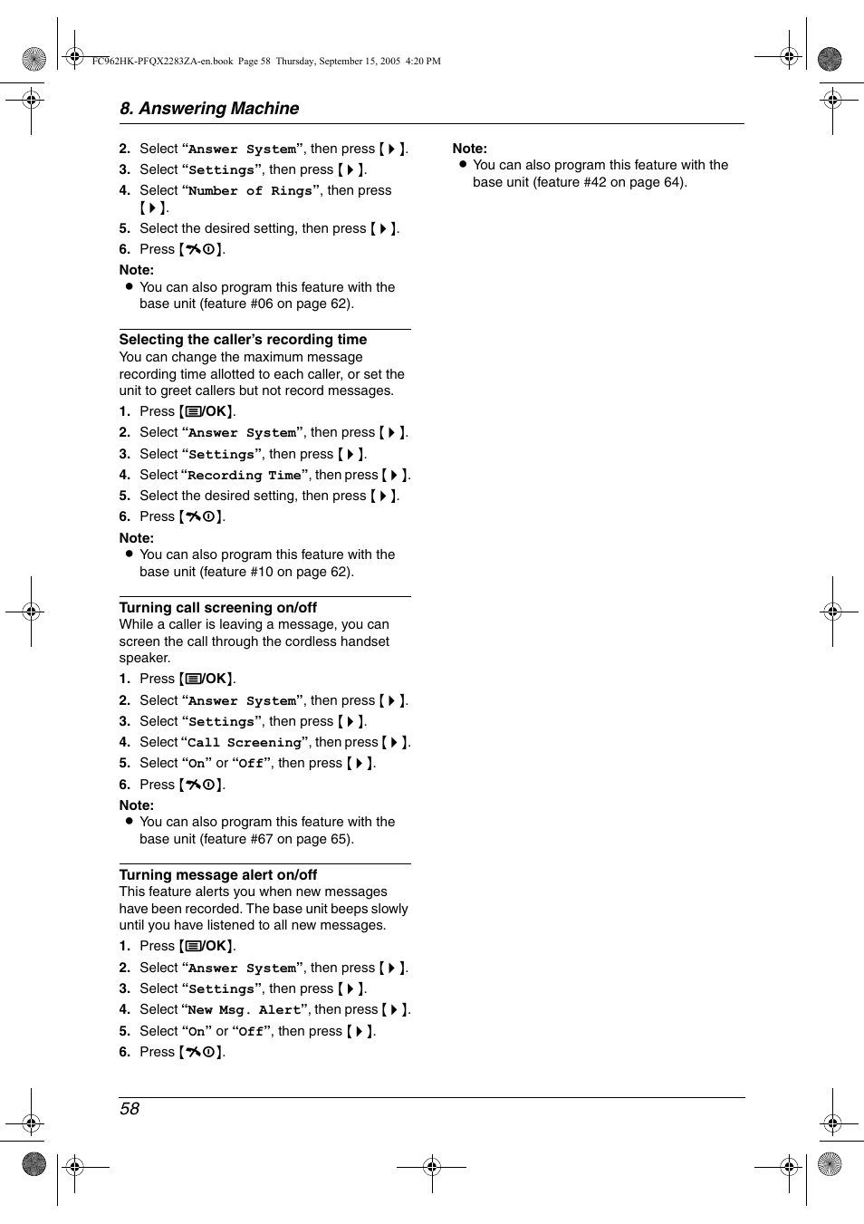 Answering machine 58 | Panasonic KX-FC962HK User Manual | Page 58 / 104