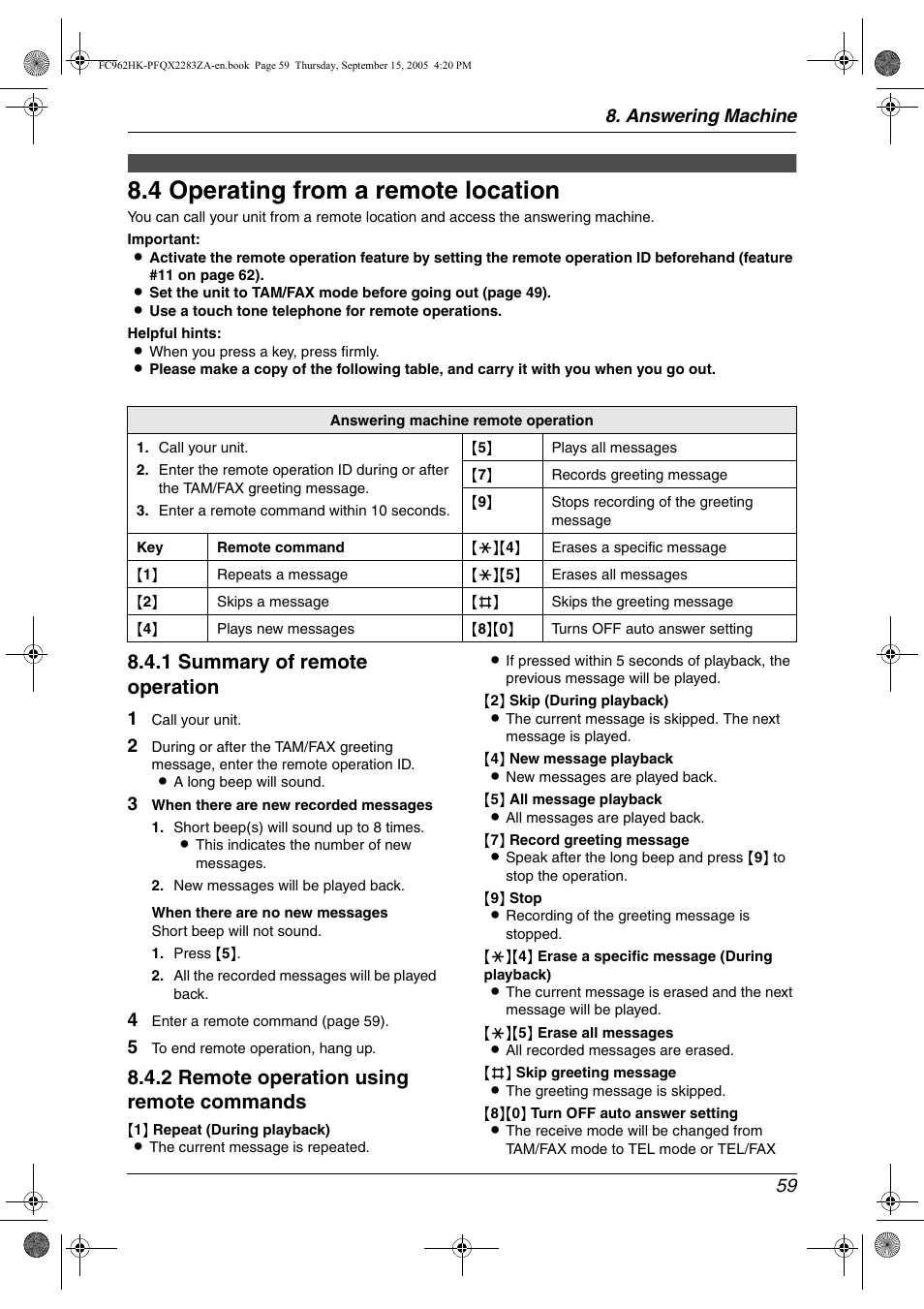 4 operating from a remote location, Operating from a remote location, 4 operating from a remote location | 1 summary of remote operation, 2 remote operation using remote commands, Answering machine 59 | Panasonic KX-FC962HK User Manual | Page 59 / 104