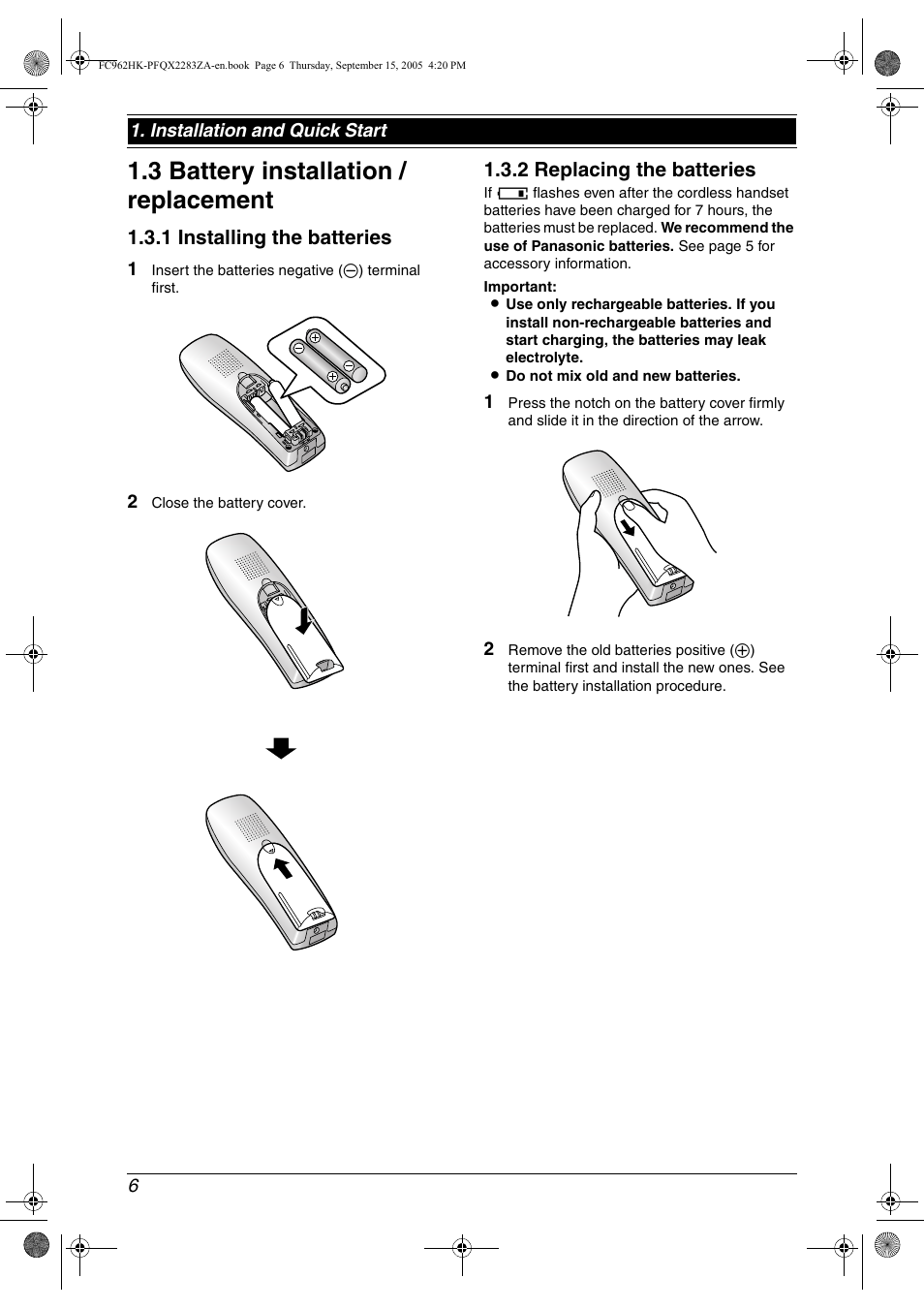Cordless handset, 3 battery installation / replacement, Battery installation / replacement | 3 battery installation / replacement, 1 installing the batteries, 2 replacing the batteries | Panasonic KX-FC962HK User Manual | Page 6 / 104