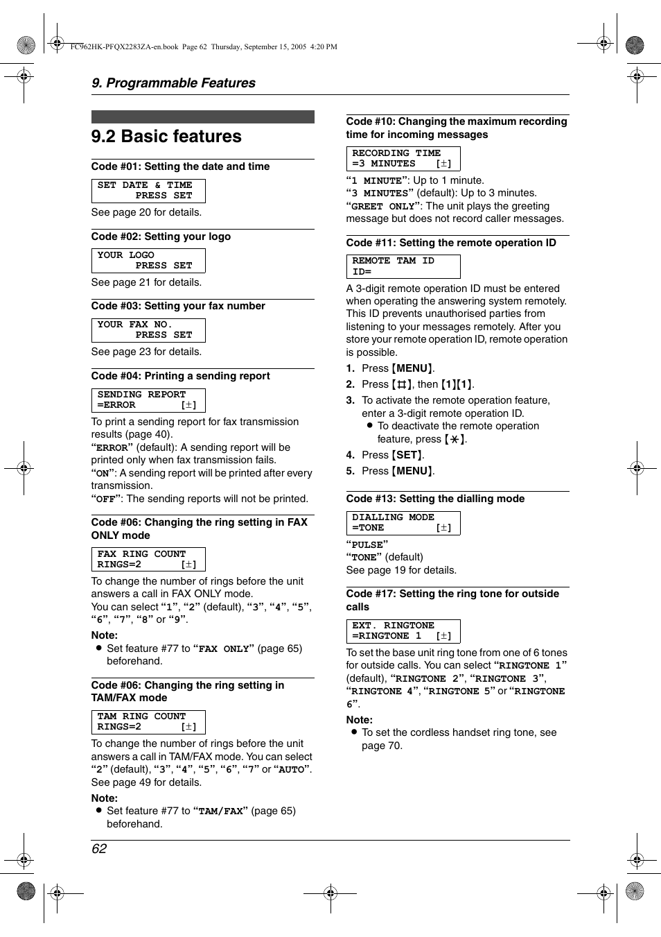 2 basic features, Basic features, 2 basic features | Programmable features 62 | Panasonic KX-FC962HK User Manual | Page 62 / 104