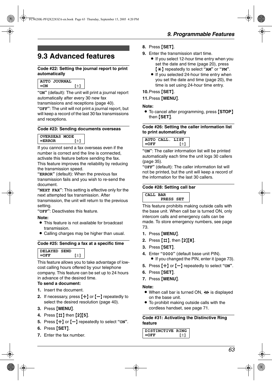 3 advanced features, Advanced features, 3 advanced features | Programmable features 63 | Panasonic KX-FC962HK User Manual | Page 63 / 104