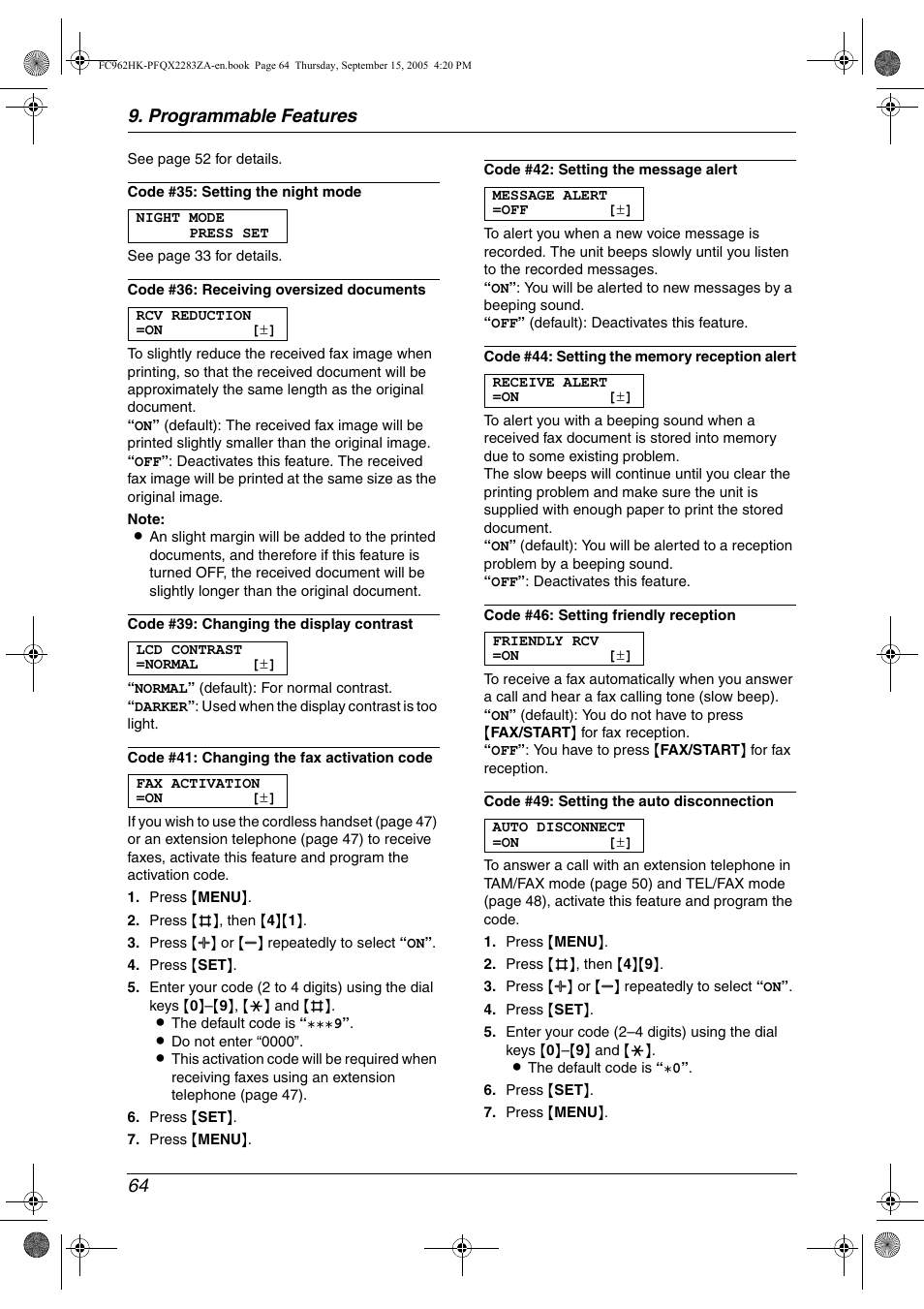 Programmable features 64 | Panasonic KX-FC962HK User Manual | Page 64 / 104