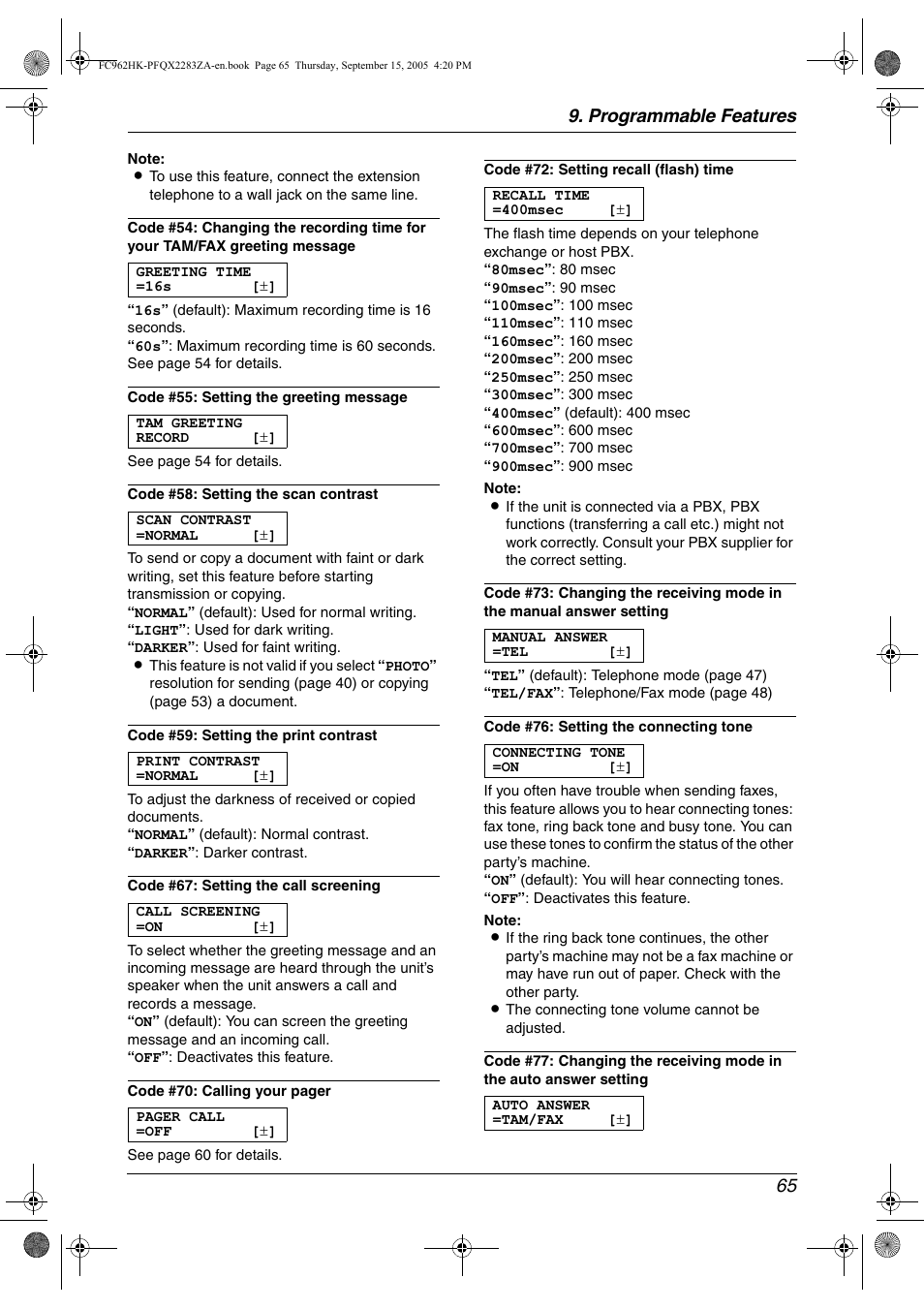 Programmable features 65 | Panasonic KX-FC962HK User Manual | Page 65 / 104