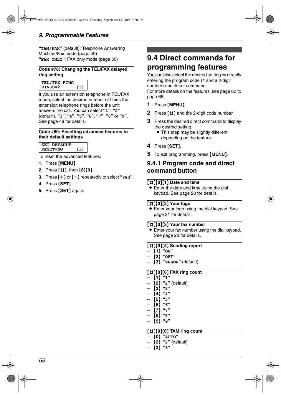 4 direct commands for programming features, Direct commands for programming features, 4 direct commands for programming features | 1 program code and direct command button, Programmable features 66 | Panasonic KX-FC962HK User Manual | Page 66 / 104