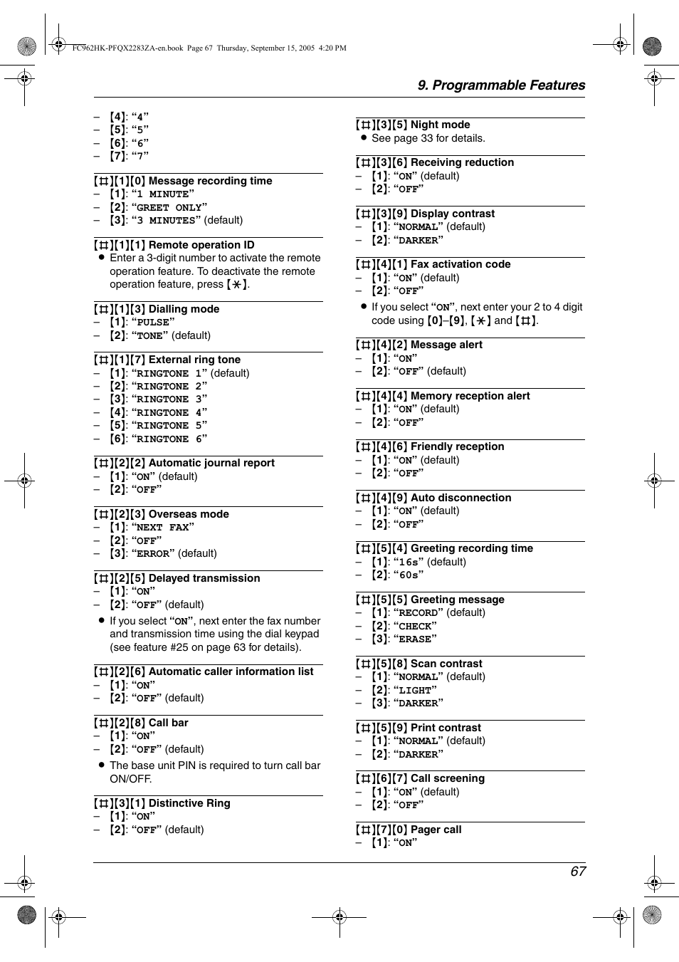 Programmable features 67 | Panasonic KX-FC962HK User Manual | Page 67 / 104