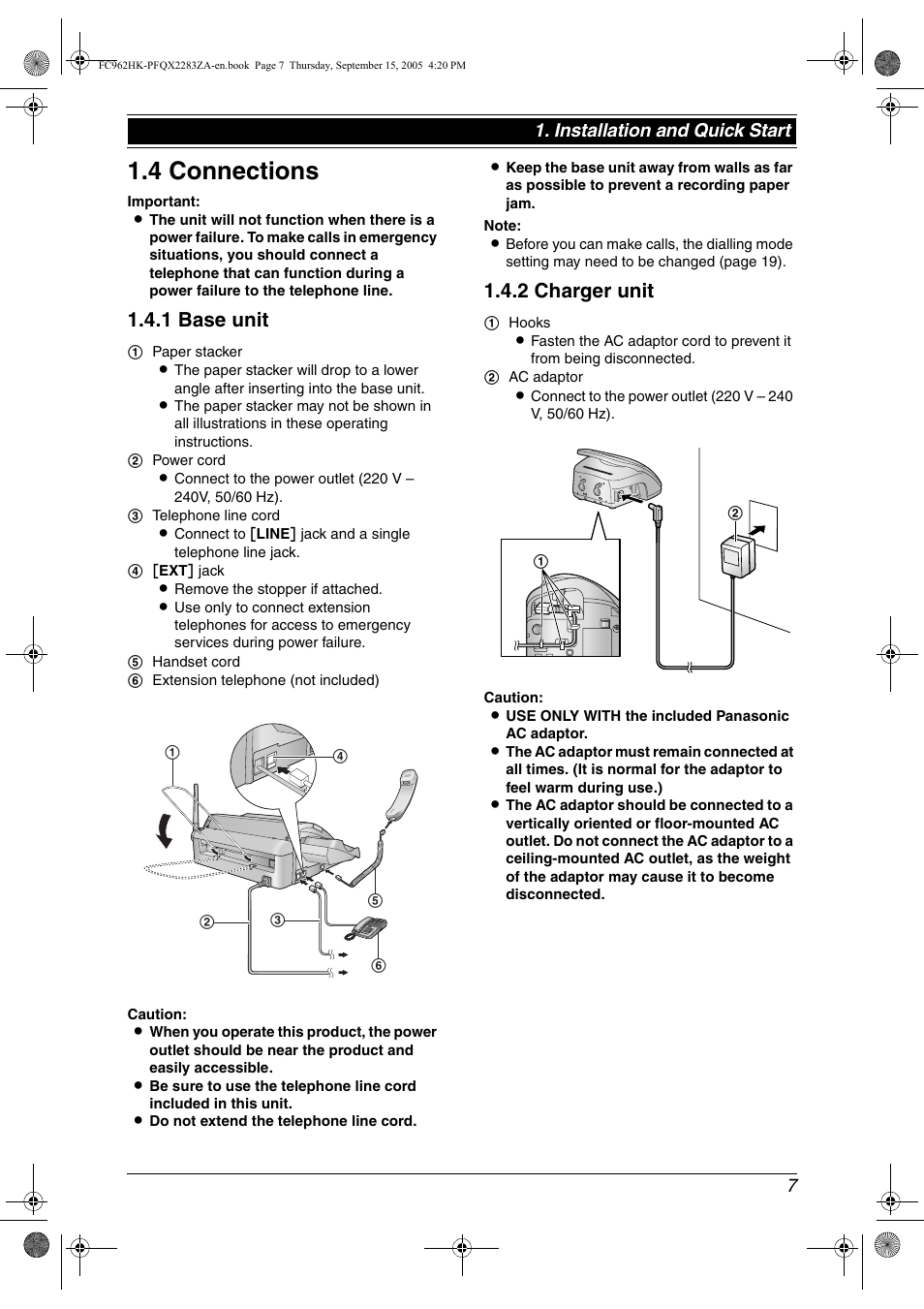 Connections and setup, 4 connections, Connections | 4 connections, 1 base unit, 2 charger unit, Installation and quick start | Panasonic KX-FC962HK User Manual | Page 7 / 104