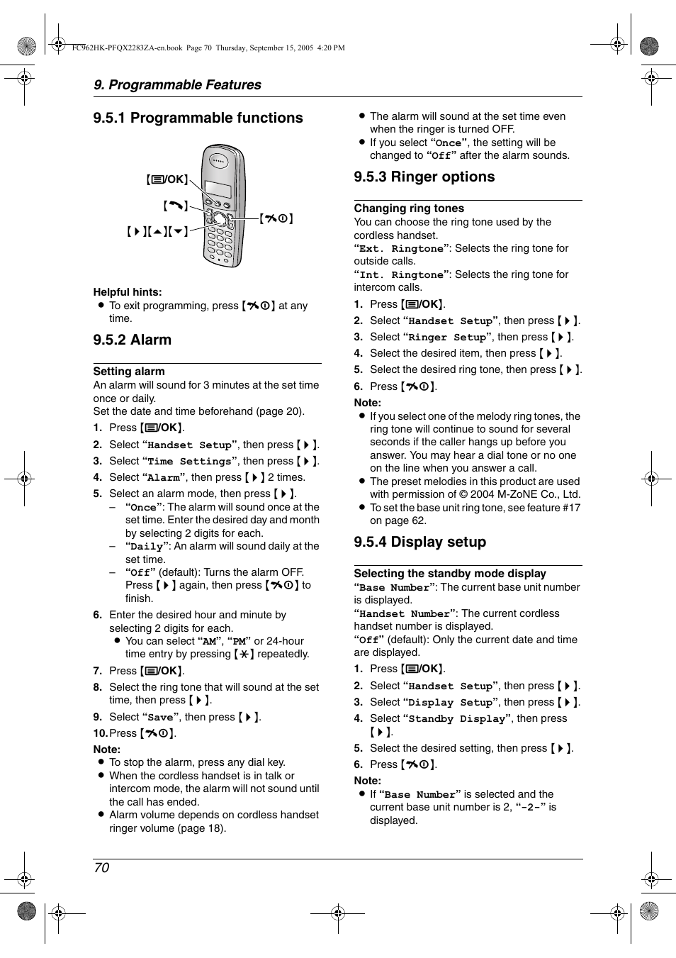 1 programmable functions, 2 alarm, 3 ringer options | 4 display setup, Programmable features 70 | Panasonic KX-FC962HK User Manual | Page 70 / 104