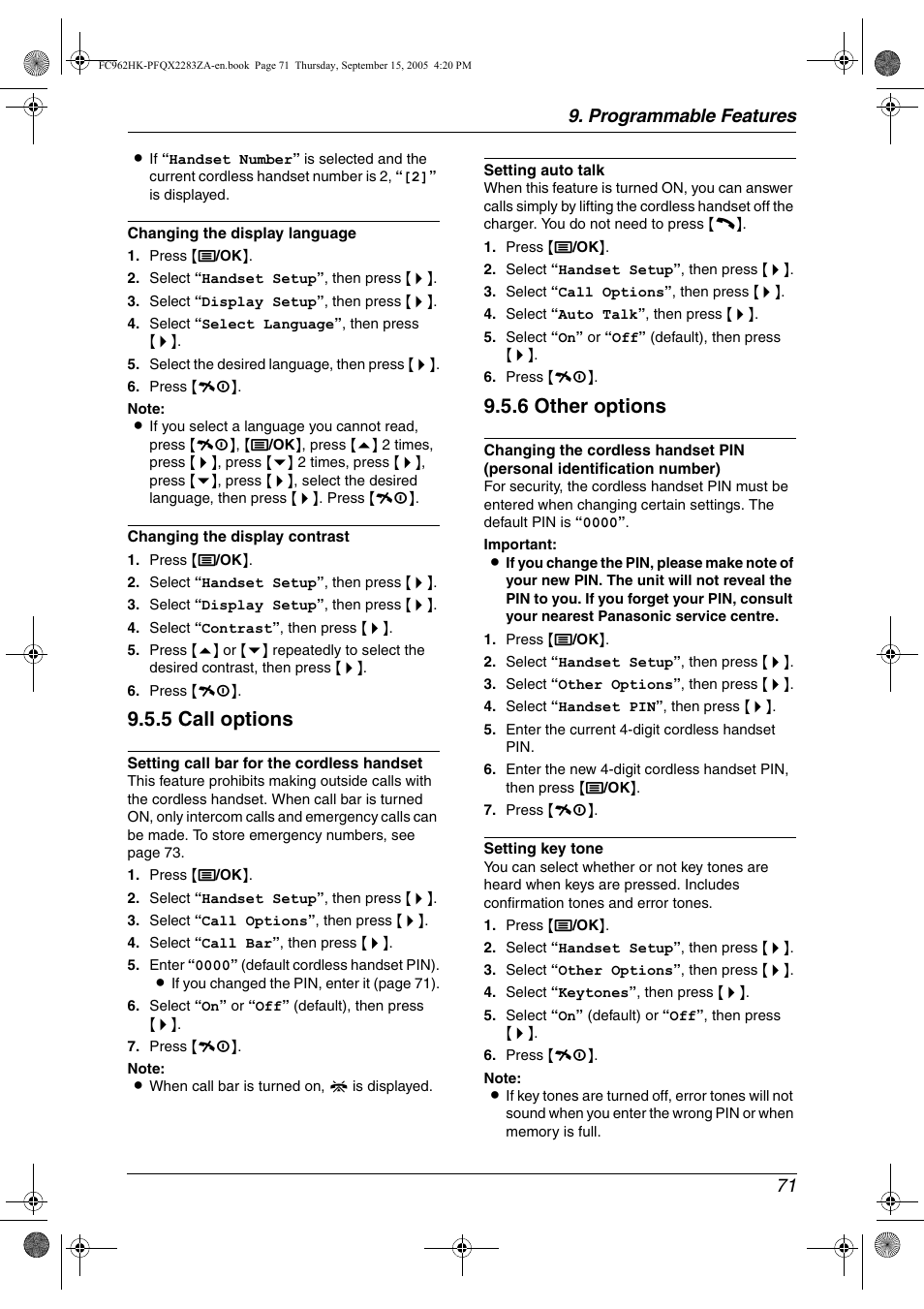 5 call options, 6 other options, Programmable features 71 | Panasonic KX-FC962HK User Manual | Page 71 / 104