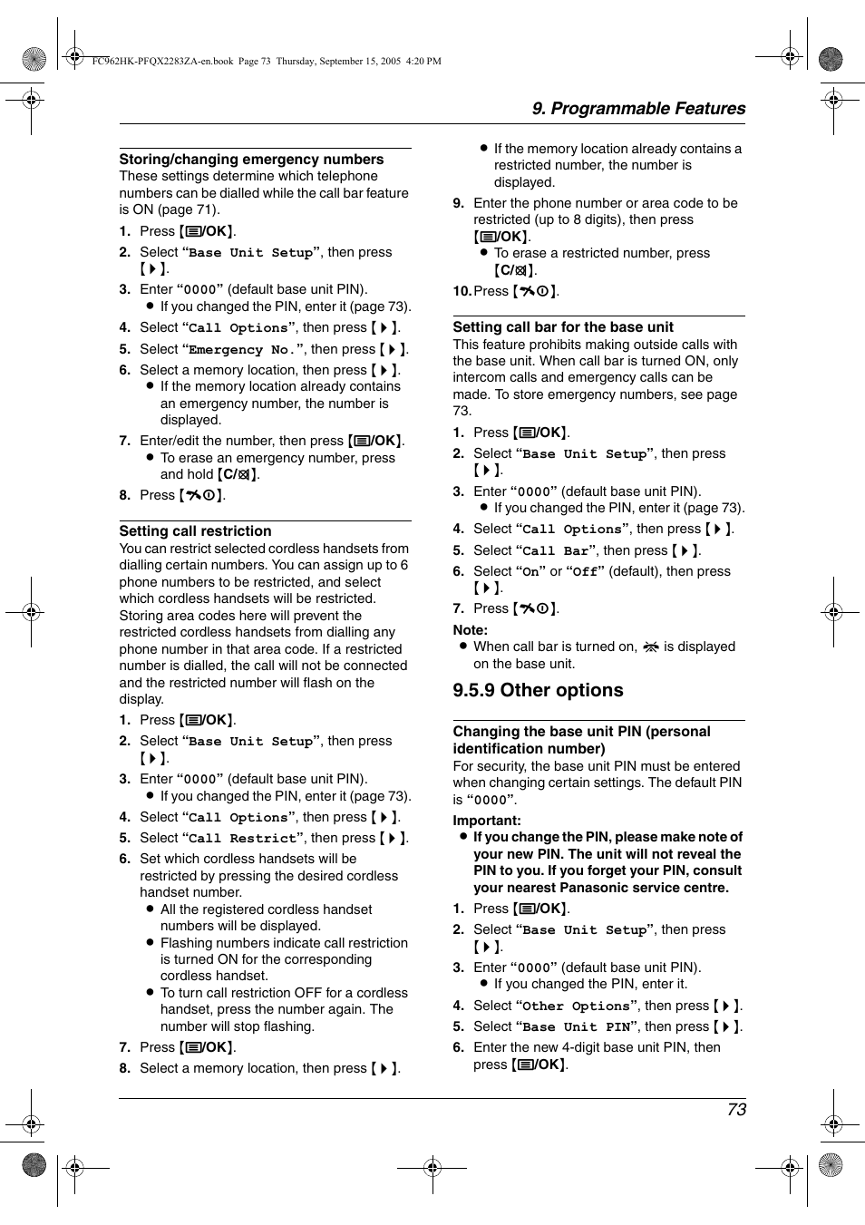 9 other options, Programmable features 73 | Panasonic KX-FC962HK User Manual | Page 73 / 104