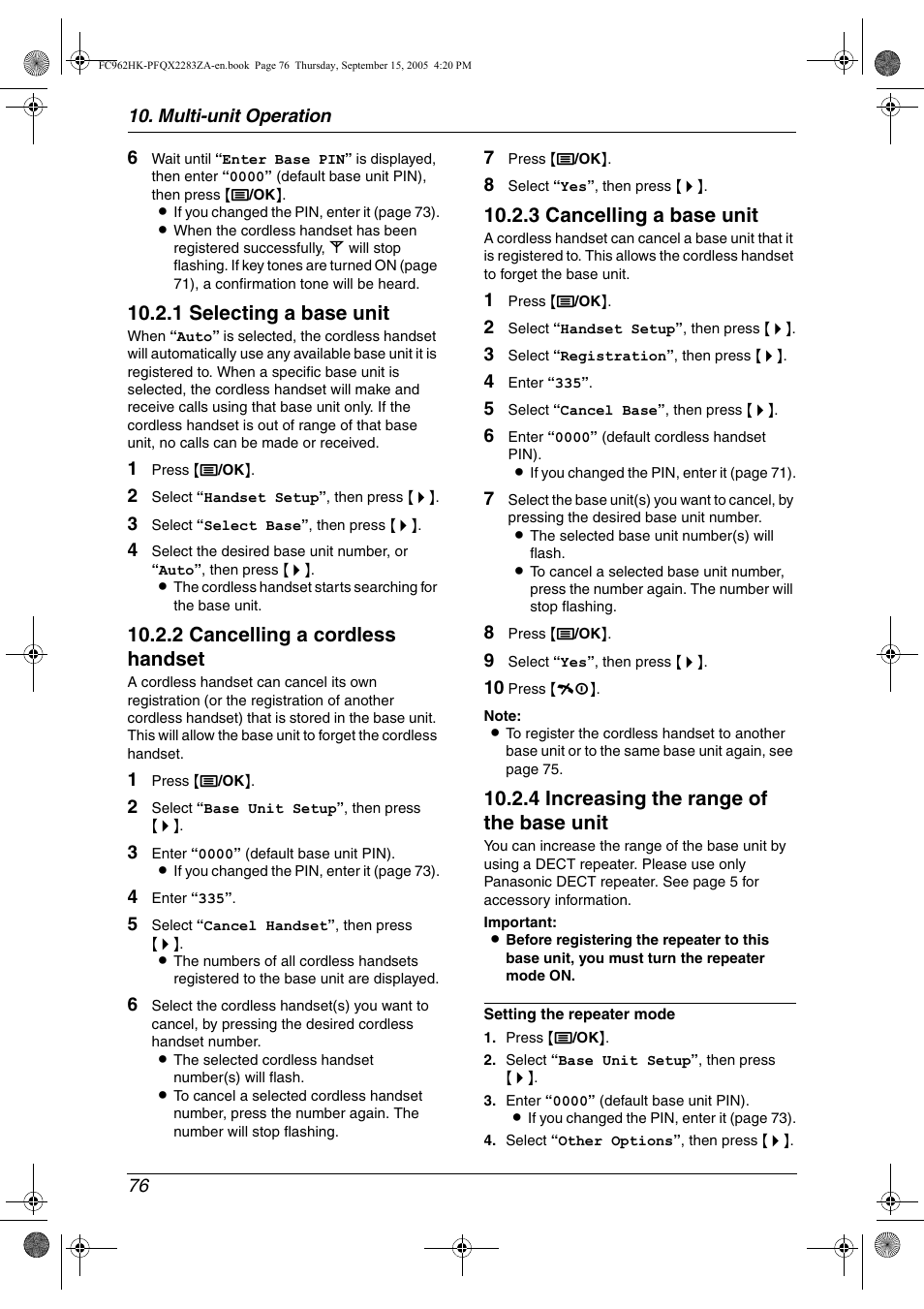 1 selecting a base unit, 2 cancelling a cordless handset, 3 cancelling a base unit | 4 increasing the range of the base unit | Panasonic KX-FC962HK User Manual | Page 76 / 104