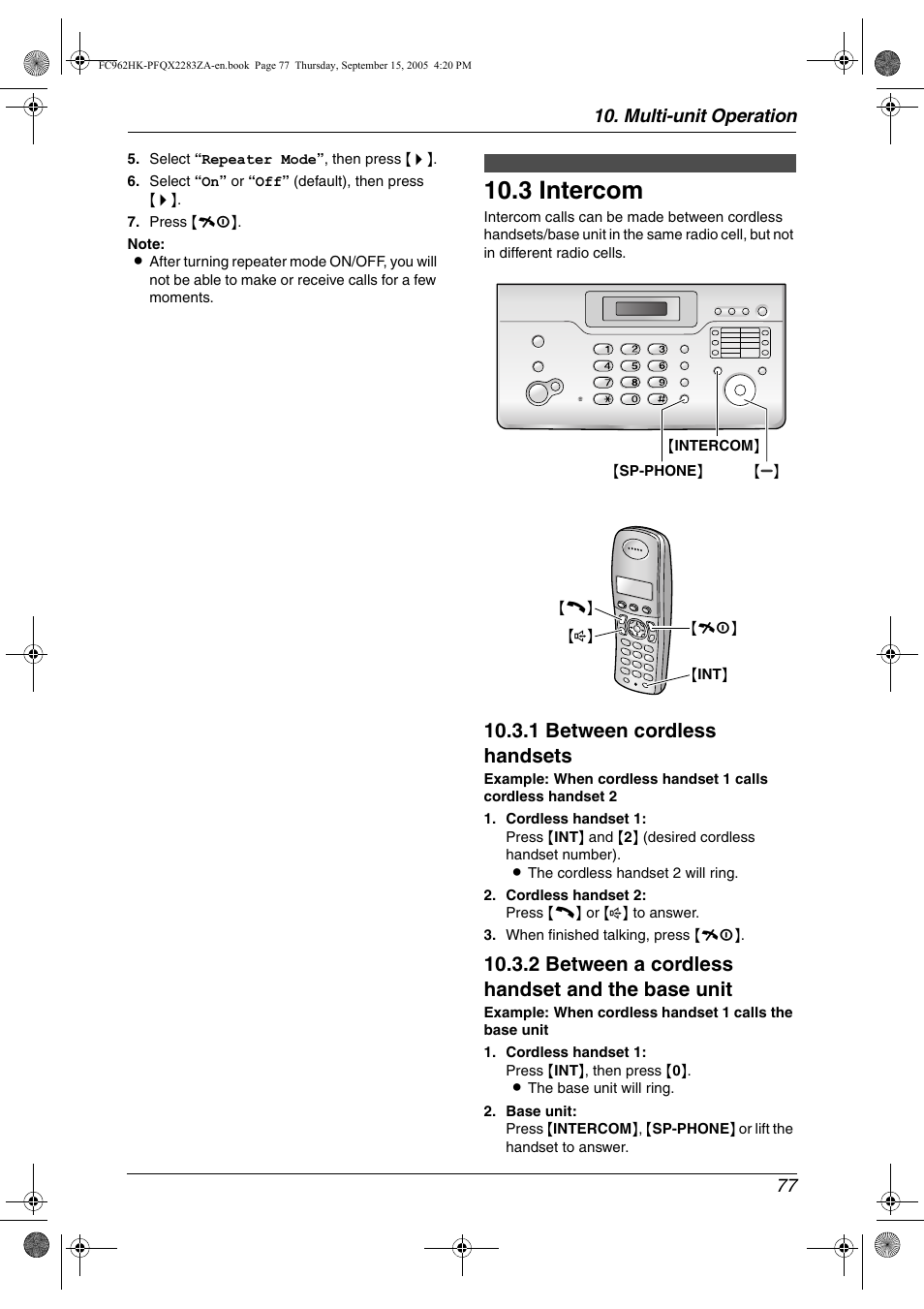 3 intercom, Intercom, 3 intercom | 1 between cordless handsets, 2 between a cordless handset and the base unit | Panasonic KX-FC962HK User Manual | Page 77 / 104