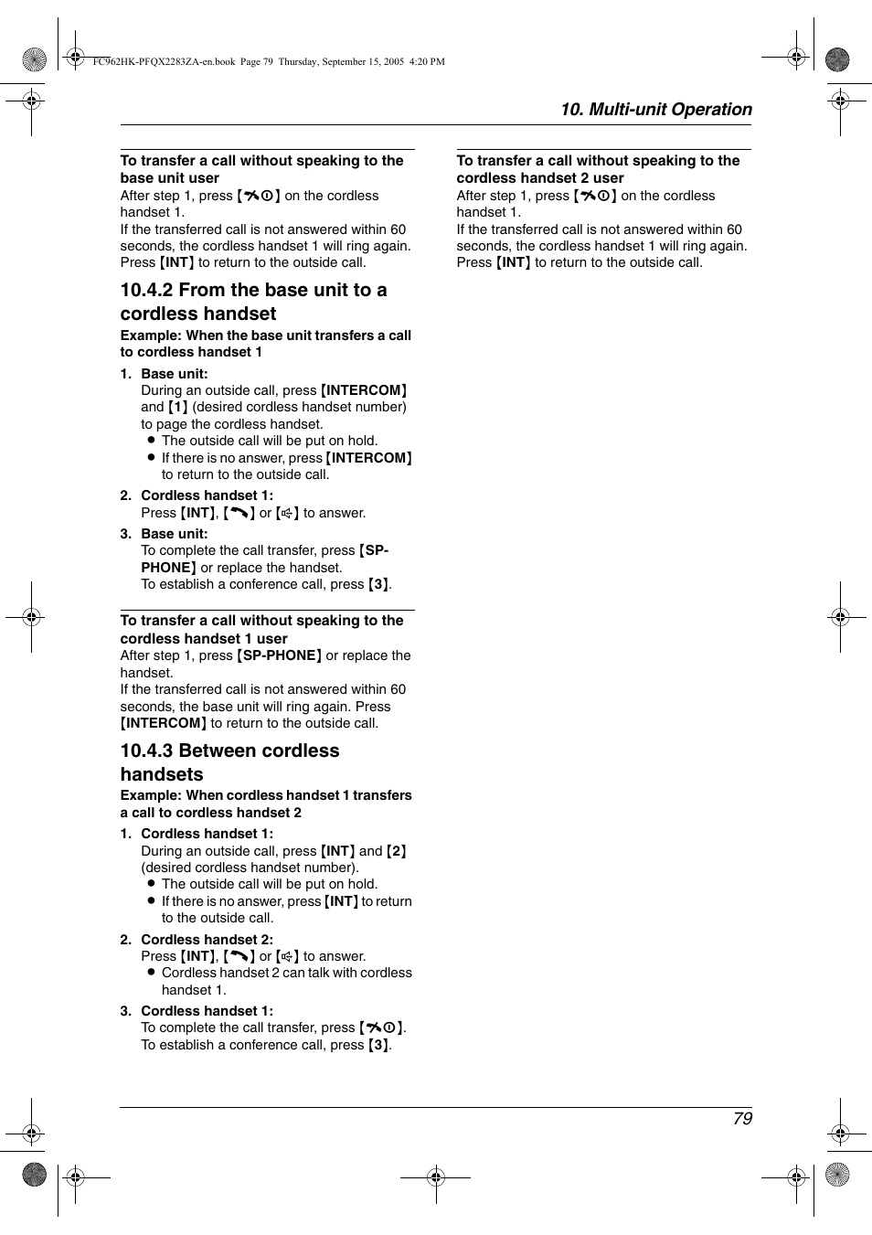 2 from the base unit to a cordless handset, 3 between cordless handsets, Multi-unit operation 79 | Panasonic KX-FC962HK User Manual | Page 79 / 104