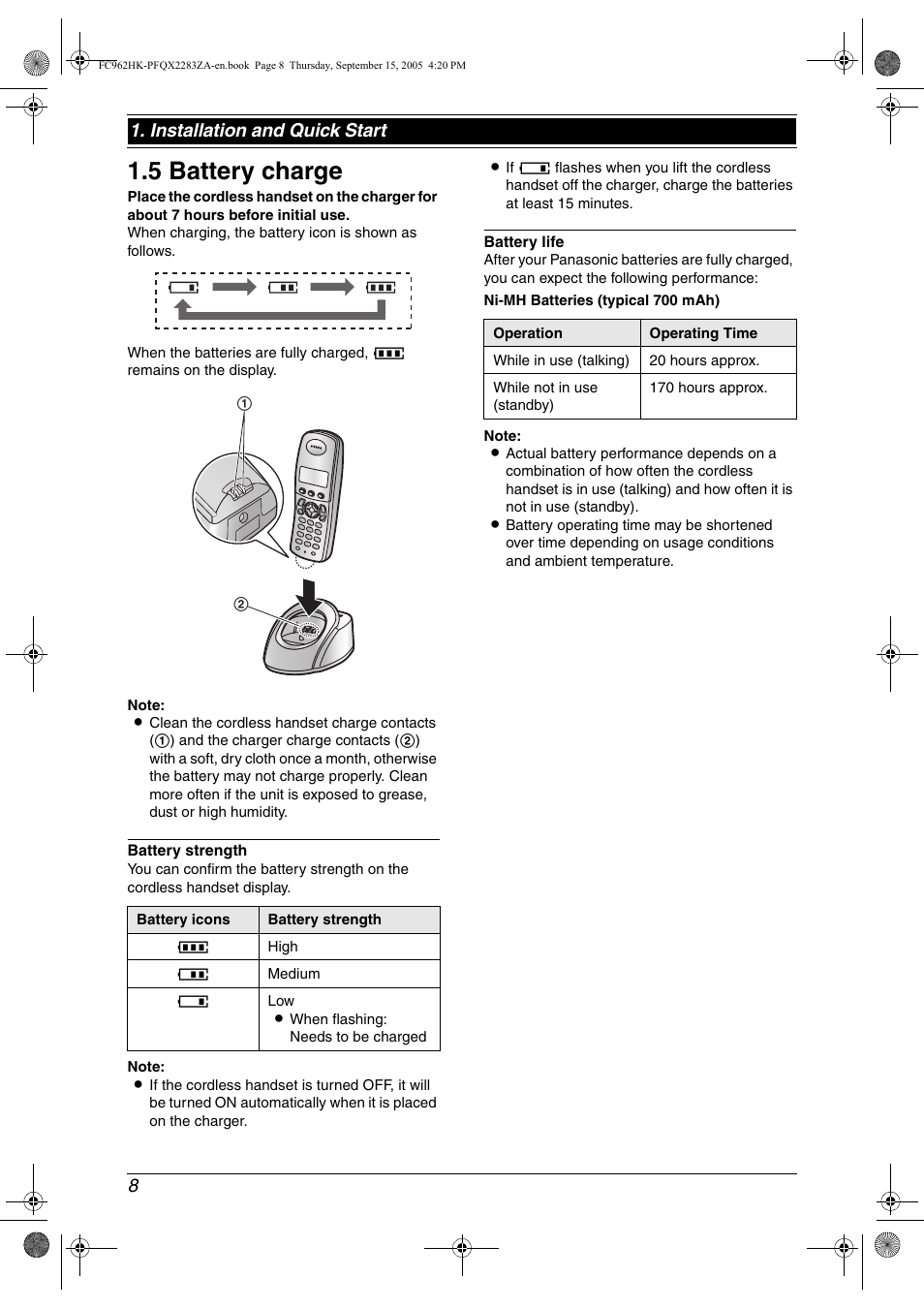 5 battery charge, Battery charge, 5 battery charge | Installation and quick start | Panasonic KX-FC962HK User Manual | Page 8 / 104