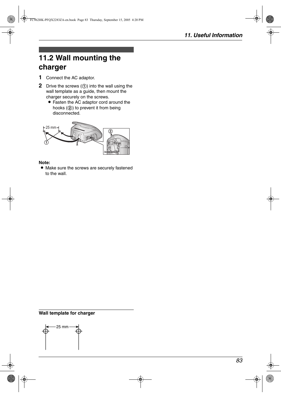 2 wall mounting the charger, Wall mounting the charger, 2 wall mounting the charger | Panasonic KX-FC962HK User Manual | Page 83 / 104