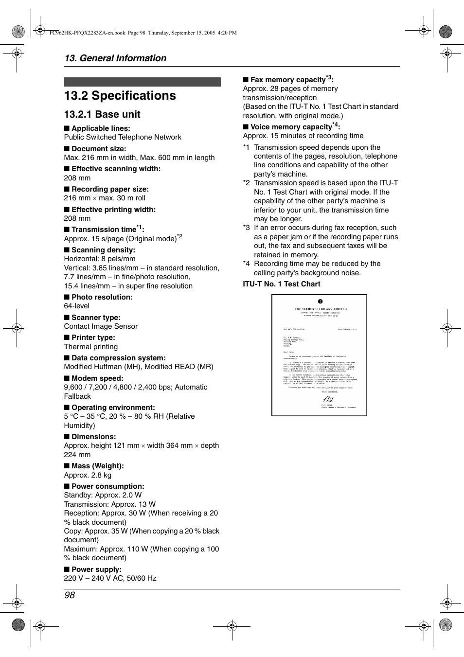 Specifications, 2 specifications, 2 specifications | 1 base unit, General information 98 | Panasonic KX-FC962HK User Manual | Page 98 / 104