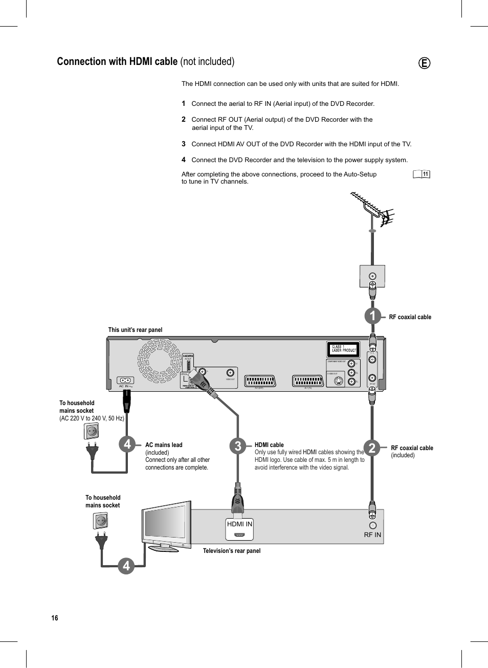 Seite16, Connection with hdmi cable (not included) | Panasonic DMR-EX95V User Manual | Page 16 / 84