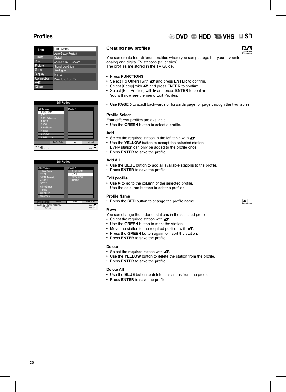 Seite20, Dvd hdd vhs, Profiles | Panasonic DMR-EX95V User Manual | Page 20 / 84