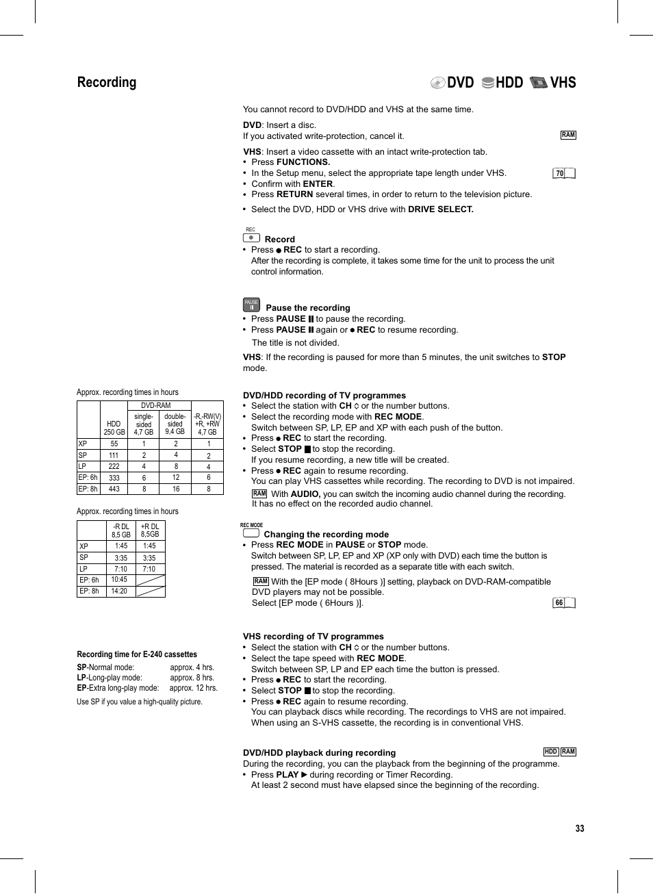 Seite33, Dvd hdd vhs, Recording | Panasonic DMR-EX95V User Manual | Page 33 / 84