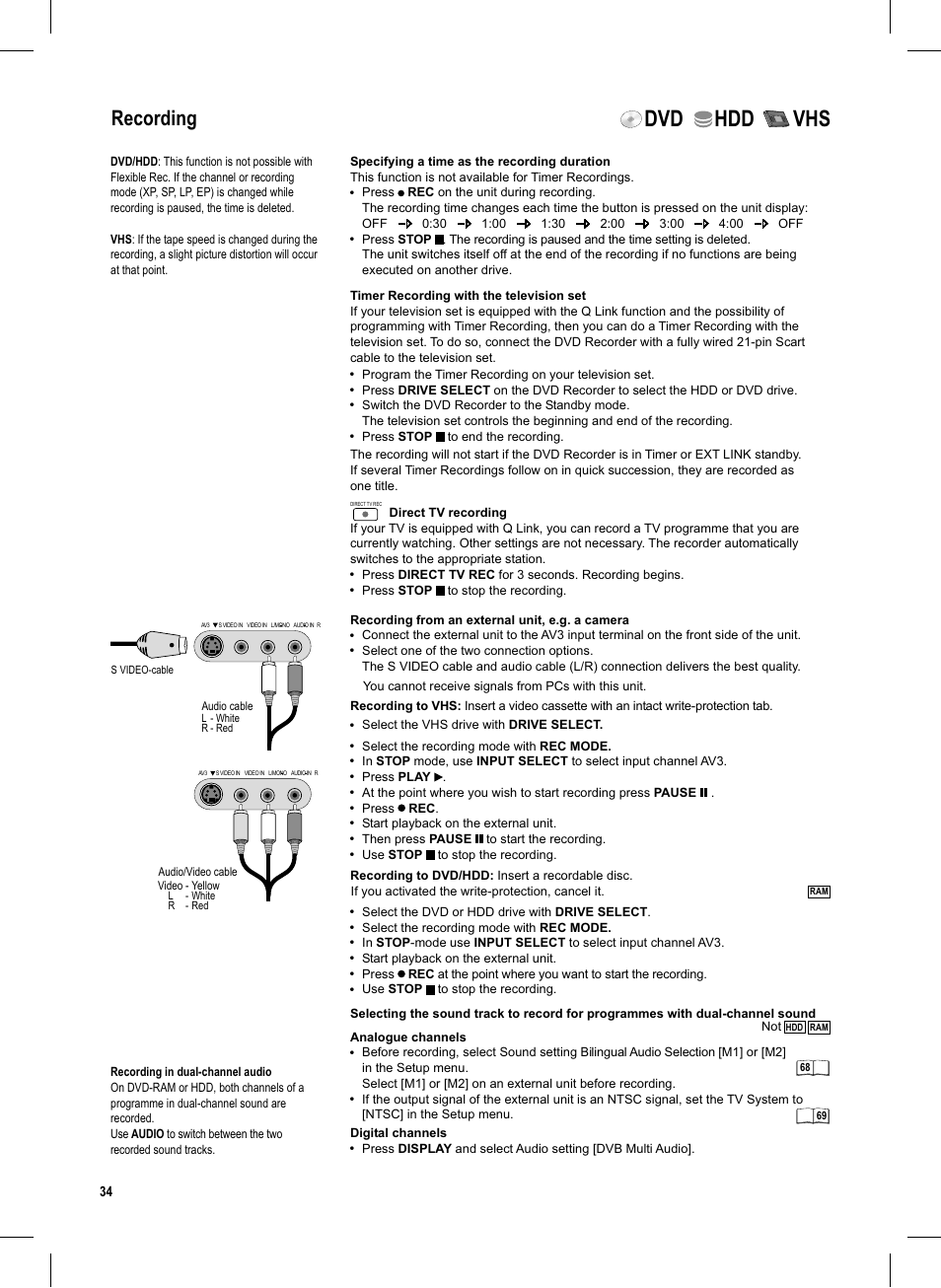 Seite34, Dvd hdd vhs, Recording | Panasonic DMR-EX95V User Manual | Page 34 / 84