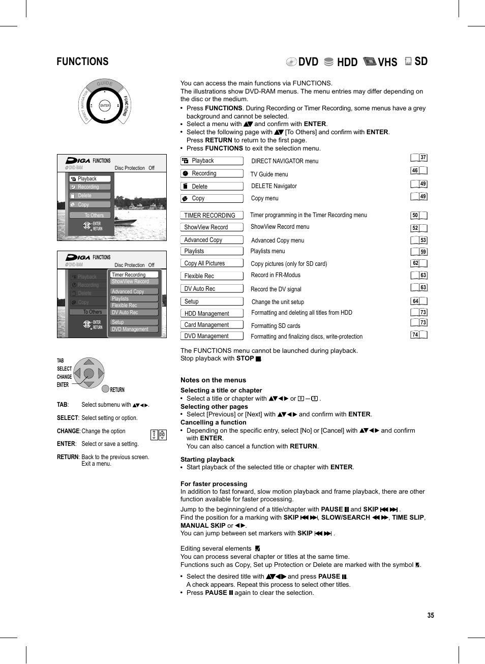 Seite35, Dvd hdd vhs, Functions | Lck o, Showview record menu | Panasonic DMR-EX95V User Manual | Page 35 / 84