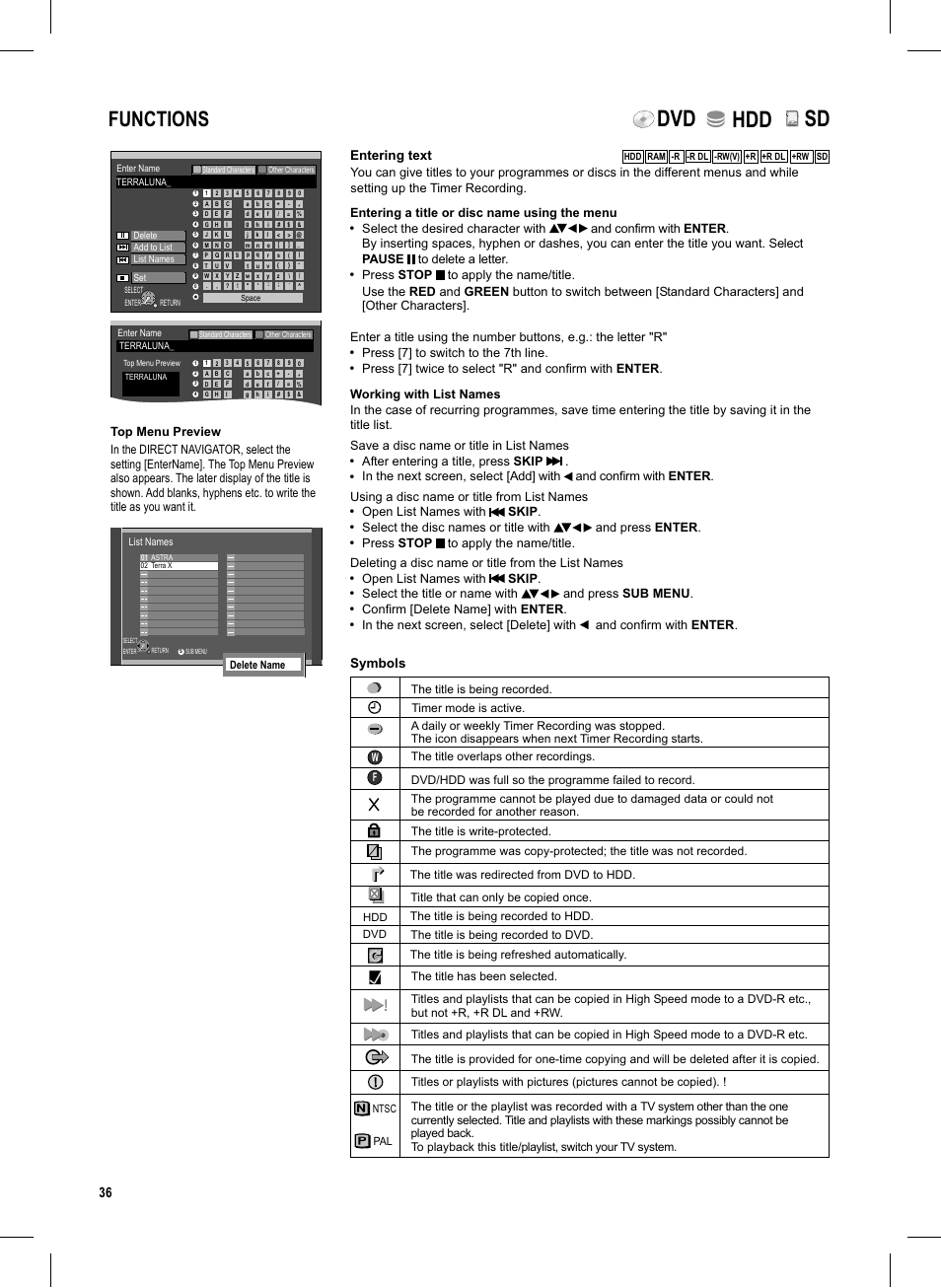 Seite36, Dvd hdd, Functions | Lck o, Symbols, Entering text | Panasonic DMR-EX95V User Manual | Page 36 / 84