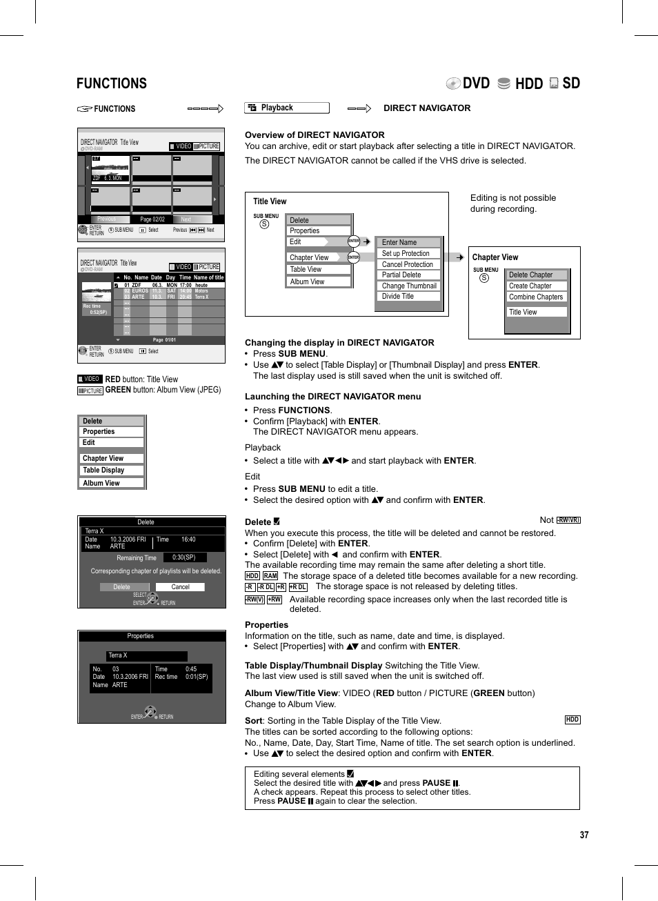 Dvd hdd, Functions, Lck o | Panasonic DMR-EX95V User Manual | Page 37 / 84