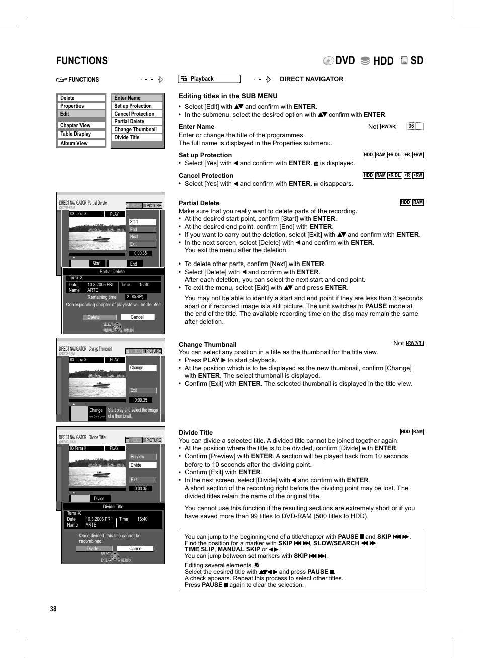 Seite38, Dvd hdd, Functions | Lck o | Panasonic DMR-EX95V User Manual | Page 38 / 84