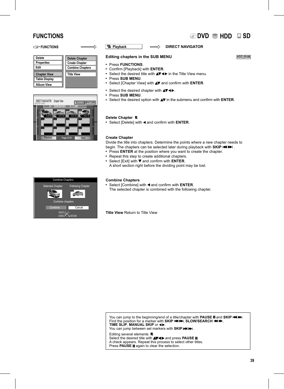 Seite39, Dvd hdd, Functions | Panasonic DMR-EX95V User Manual | Page 39 / 84