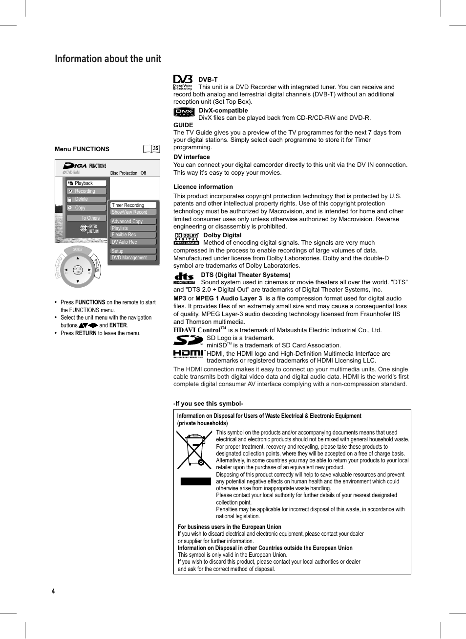 Seite4, Information about the unit | Panasonic DMR-EX95V User Manual | Page 4 / 84