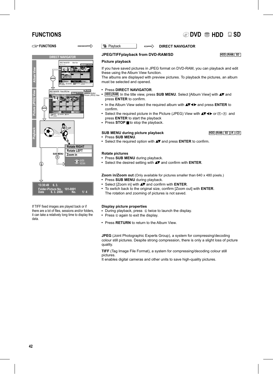 Seite42, Dvd hdd, Functions | Lo ck, Jpeg/tiffplayback from dvd-ram/sd | Panasonic DMR-EX95V User Manual | Page 42 / 84