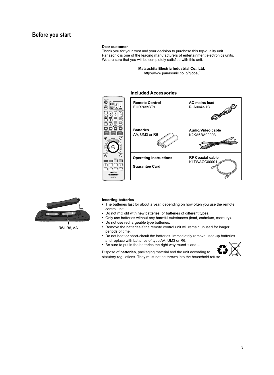 Seite5, Before you start, Included accessories | Do not use rechargeable type batteries | Panasonic DMR-EX95V User Manual | Page 5 / 84