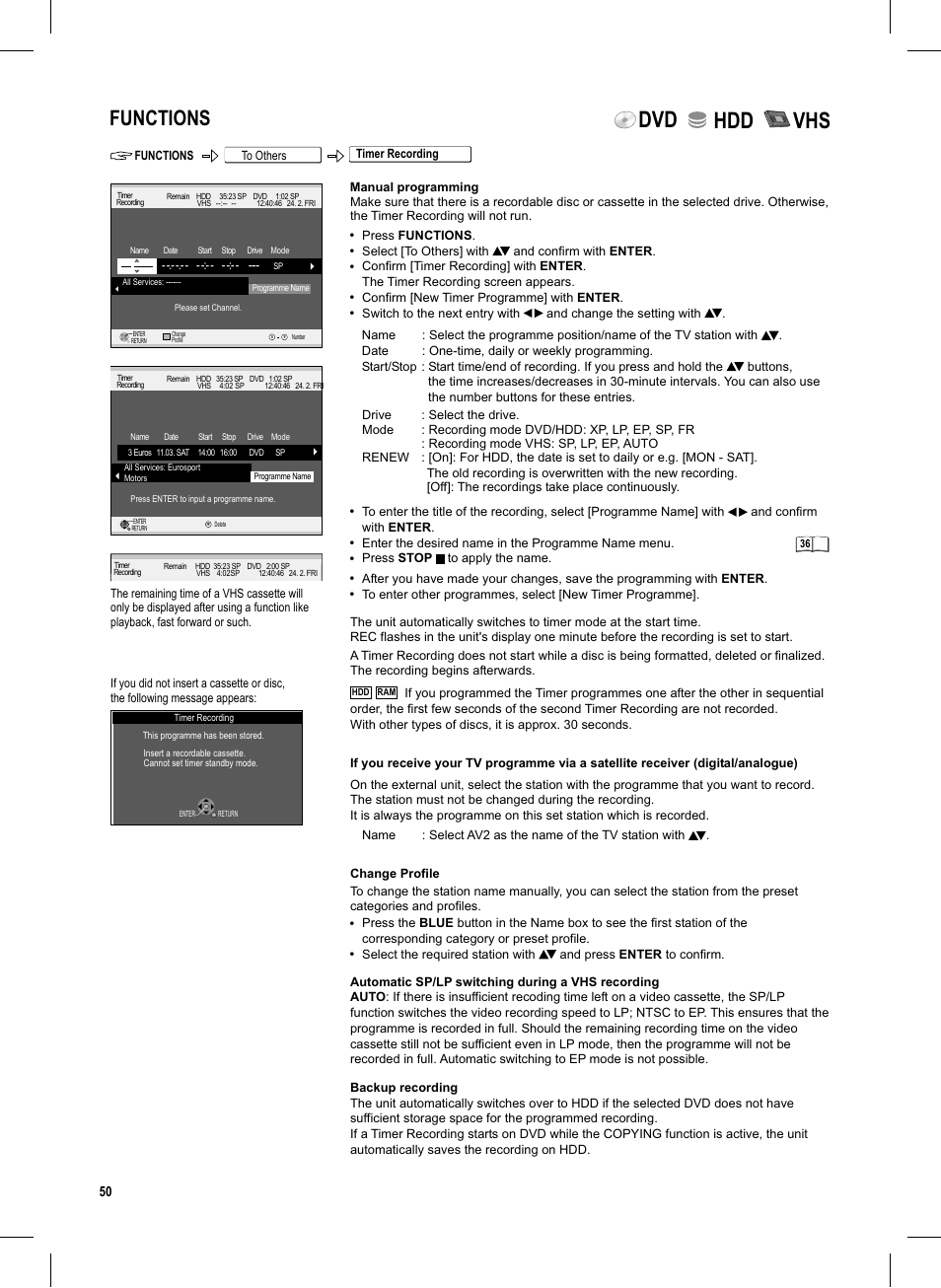 Seite50, Dvd hdd vhs, Functions | Panasonic DMR-EX95V User Manual | Page 50 / 84