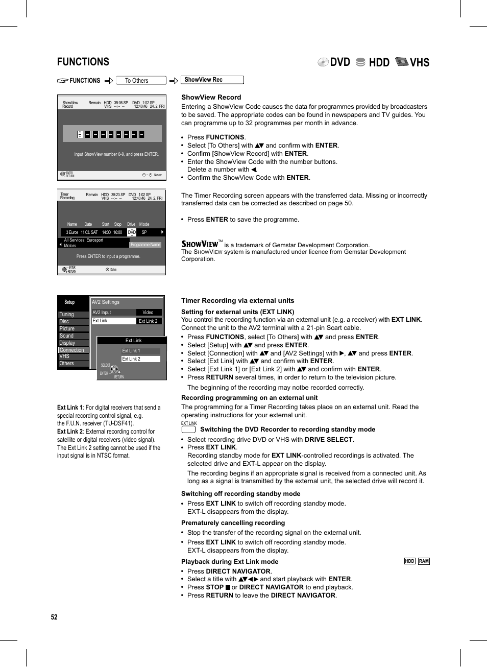Seite52, Dvd hdd vhs, Functions | Panasonic DMR-EX95V User Manual | Page 52 / 84