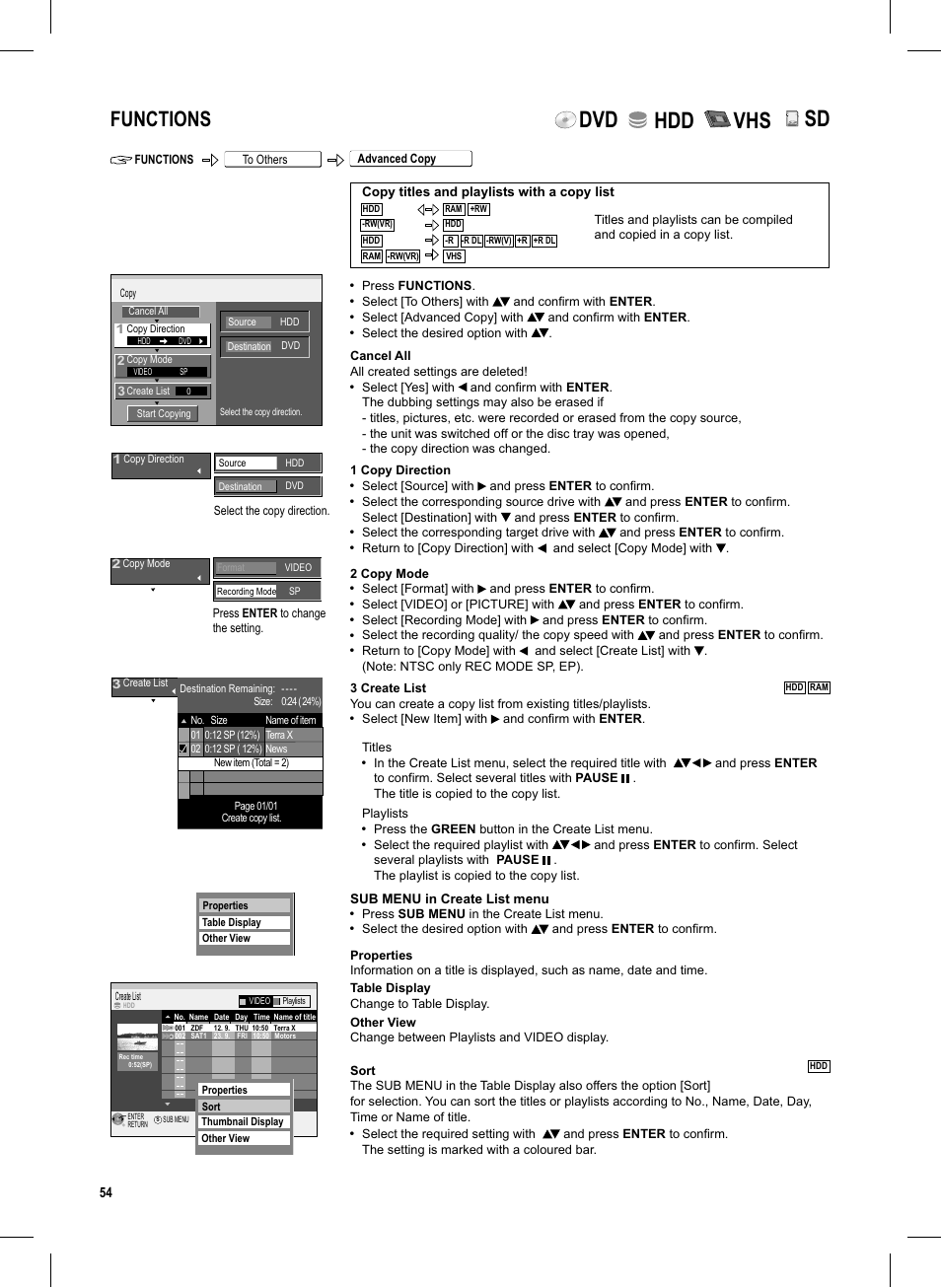 Seite54, Dvd hdd vhs, Functions | Panasonic DMR-EX95V User Manual | Page 54 / 84