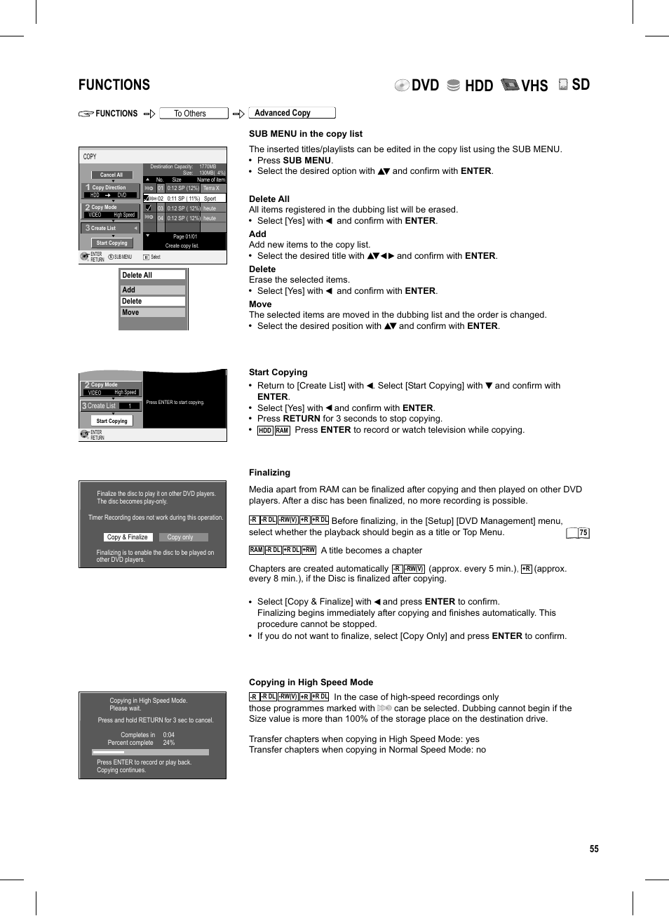 Seite55, Dvd hdd vhs, Functions | Lck o | Panasonic DMR-EX95V User Manual | Page 55 / 84