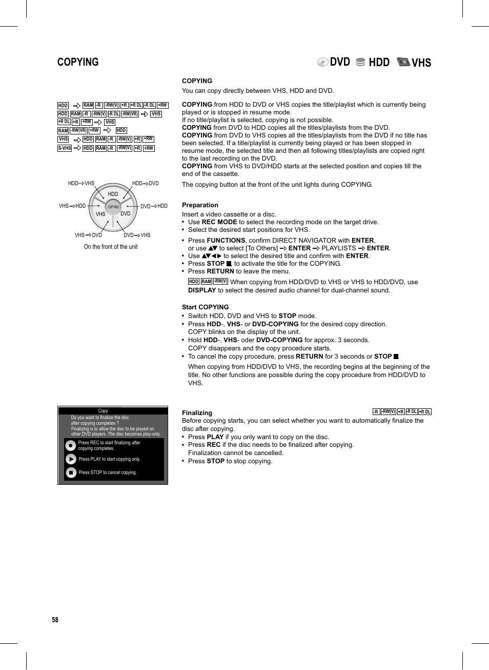 Seite58, Dvd hdd, Copying | Panasonic DMR-EX95V User Manual | Page 58 / 84