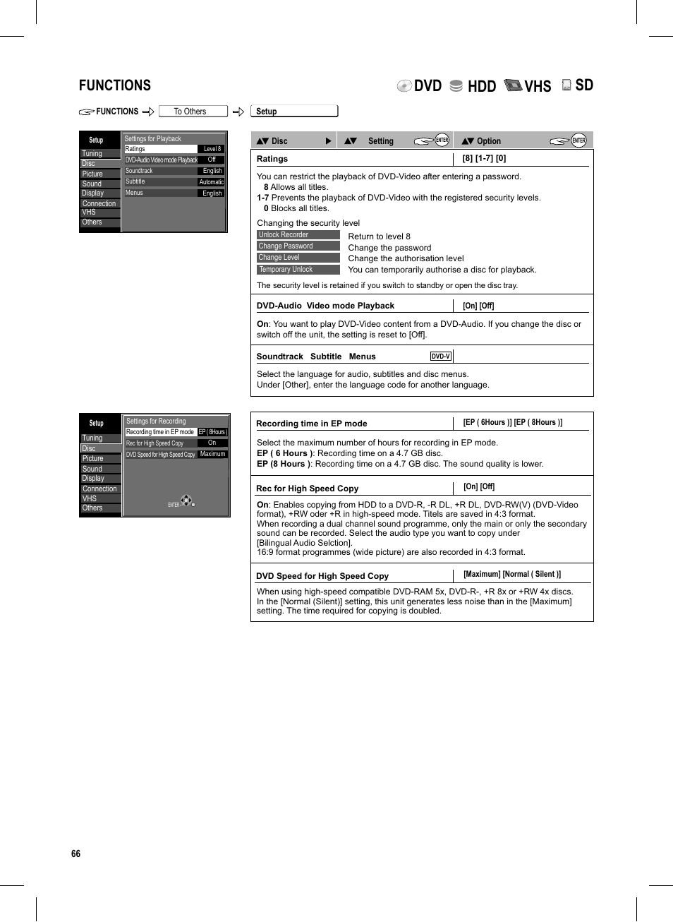 Seite66, Dvd hdd vhs, Functions | Panasonic DMR-EX95V User Manual | Page 66 / 84