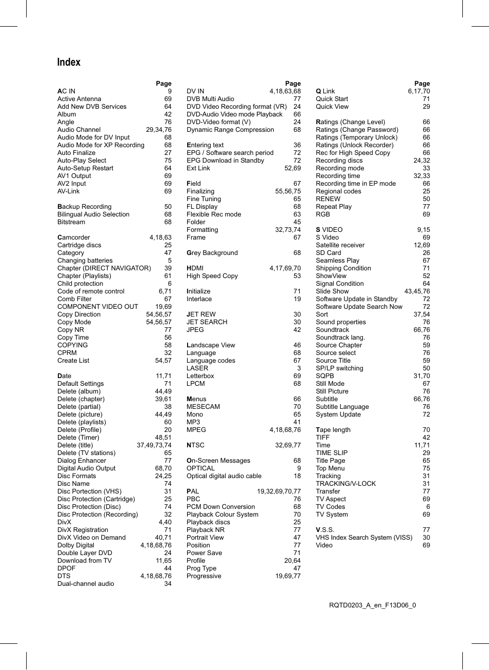 Seite84, Index | Panasonic DMR-EX95V User Manual | Page 84 / 84