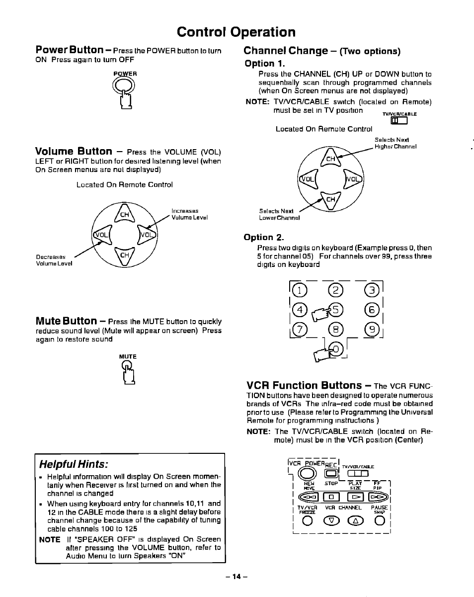 Control operation, Helpful hints, Channel change — (two options) | Vcr function buttons - the vcr func, Z) © ®j, Г© (d @1 |©p, Button, Volume button, Mute button, Channel change | Panasonic PT-51G40 User Manual | Page 14 / 44