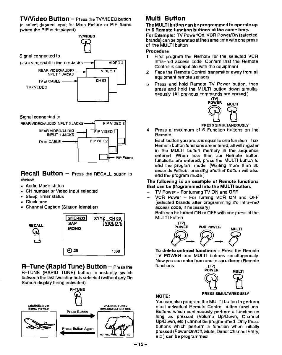 Multi button, Note, Mute button | Tva/ideo button, Recall button, R-tune (rapid tune) button | Panasonic PT-51G40 User Manual | Page 15 / 44