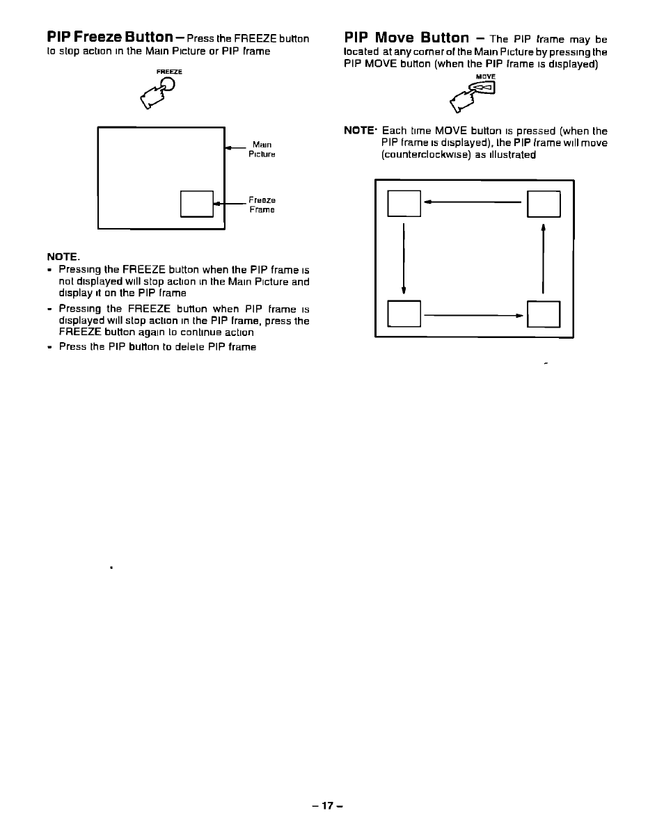 Note, Pip freeze button - press the, Button | Pip move button | Panasonic PT-51G40 User Manual | Page 17 / 44