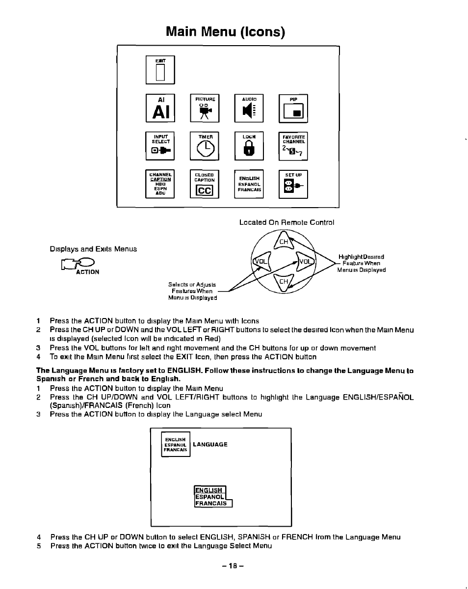 Main menu (icons), Mam menu (icons) | Panasonic PT-51G40 User Manual | Page 18 / 44