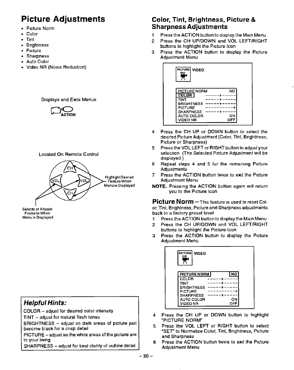 Picture adjustments, Helpful hints, Picture norm | Panasonic PT-51G40 User Manual | Page 20 / 44